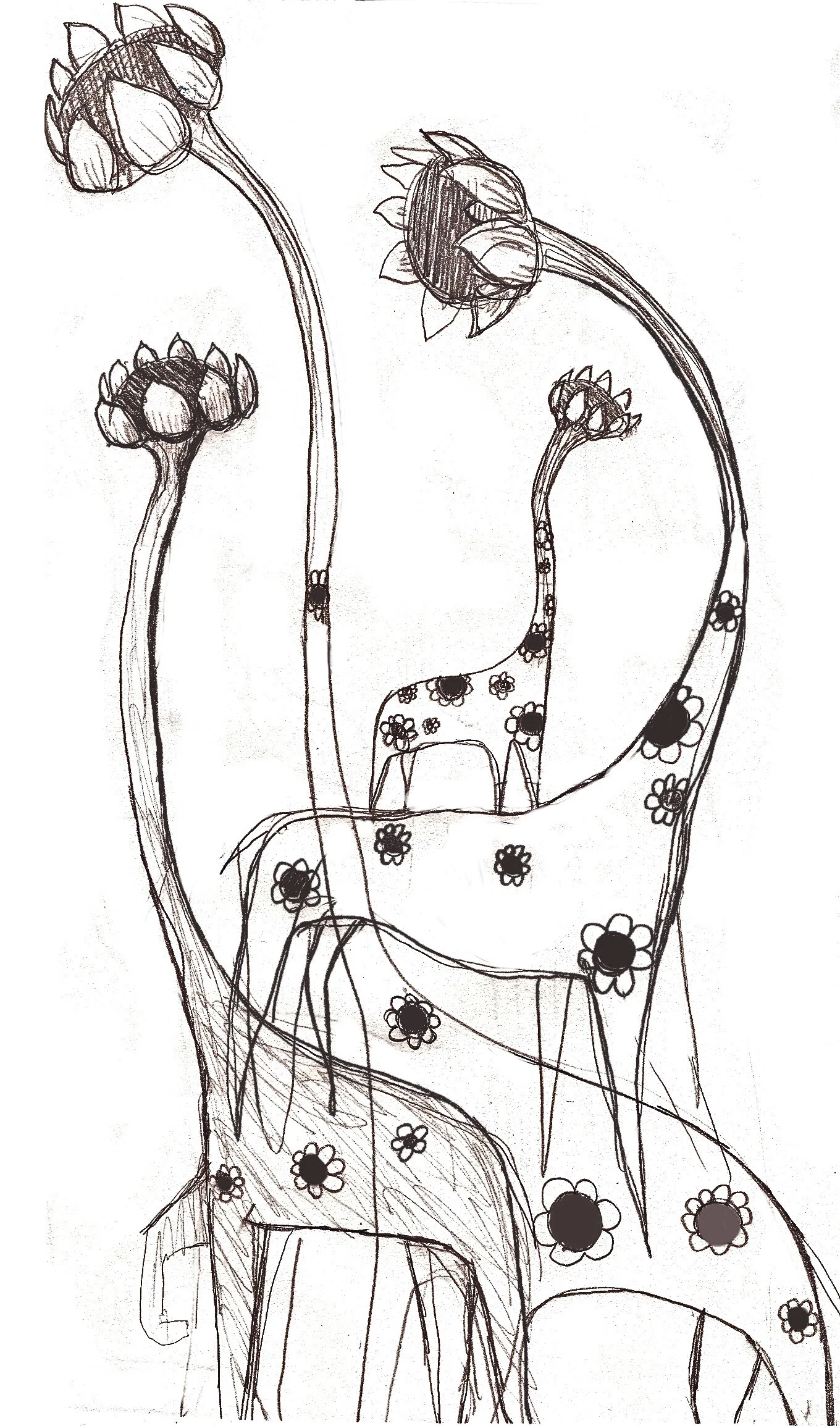 A black and white sketch of a giraffe with flowers on its body, surrounded by large flower buds and tall stems.