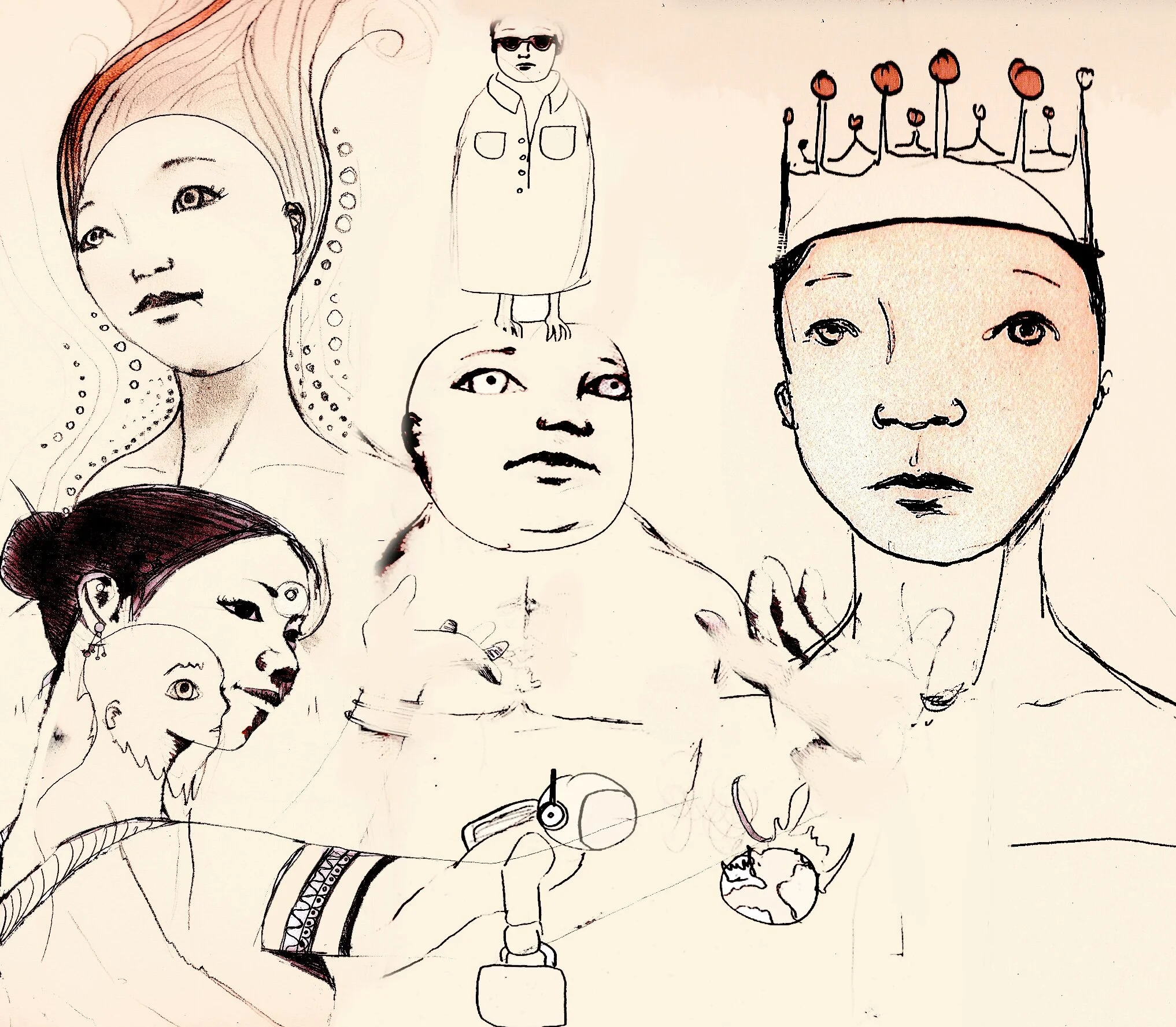 A collection of sketches and drawings of various faces, including a girl with long hair, a girl with a crown, a person with glasses, a woman, a baby, and a person with an earth pendant around their neck, along with some smaller sketches like a planet