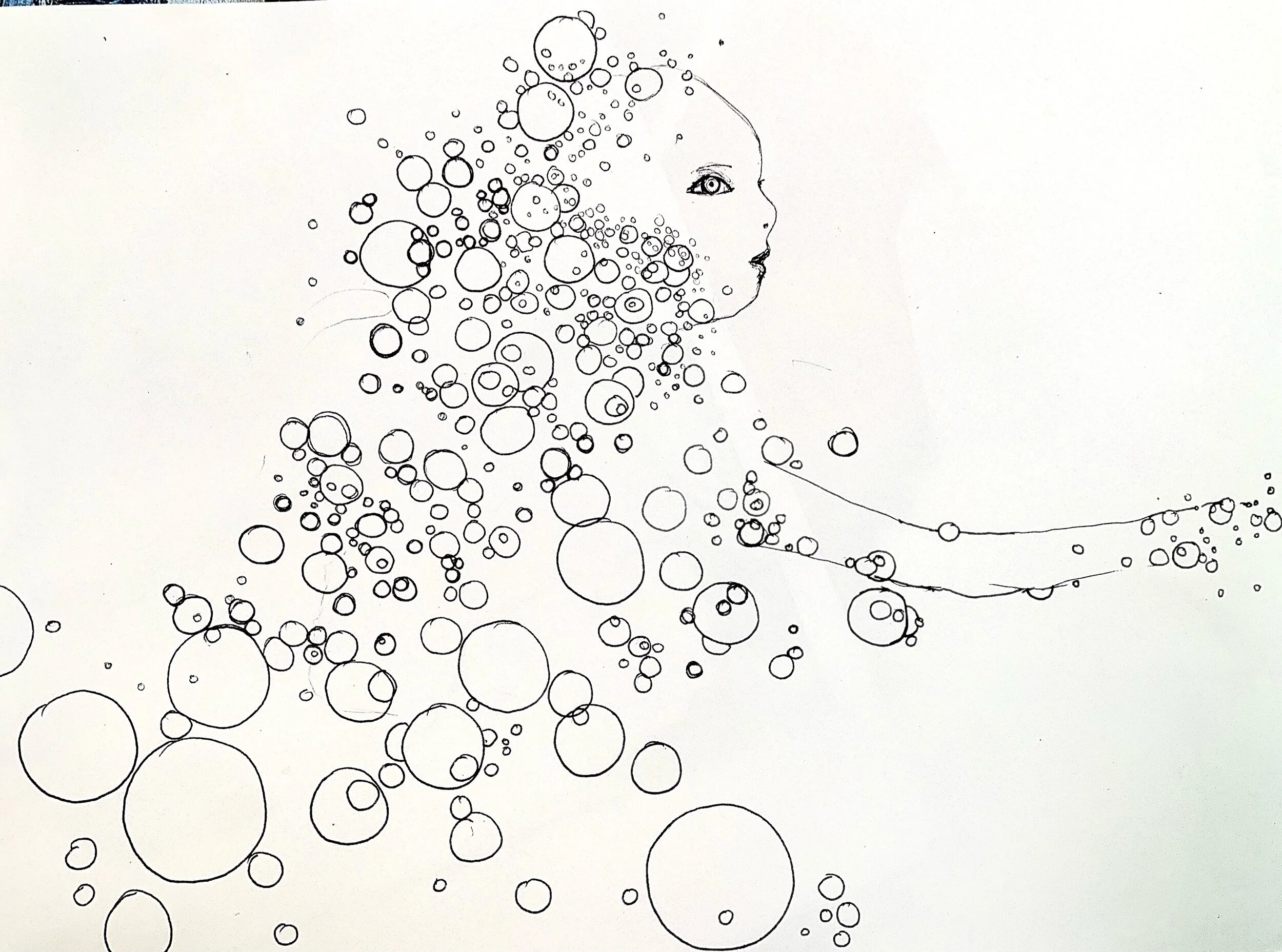 A black and white line drawing of a woman's profile with her hair made up of variously sized circles and bubbles.