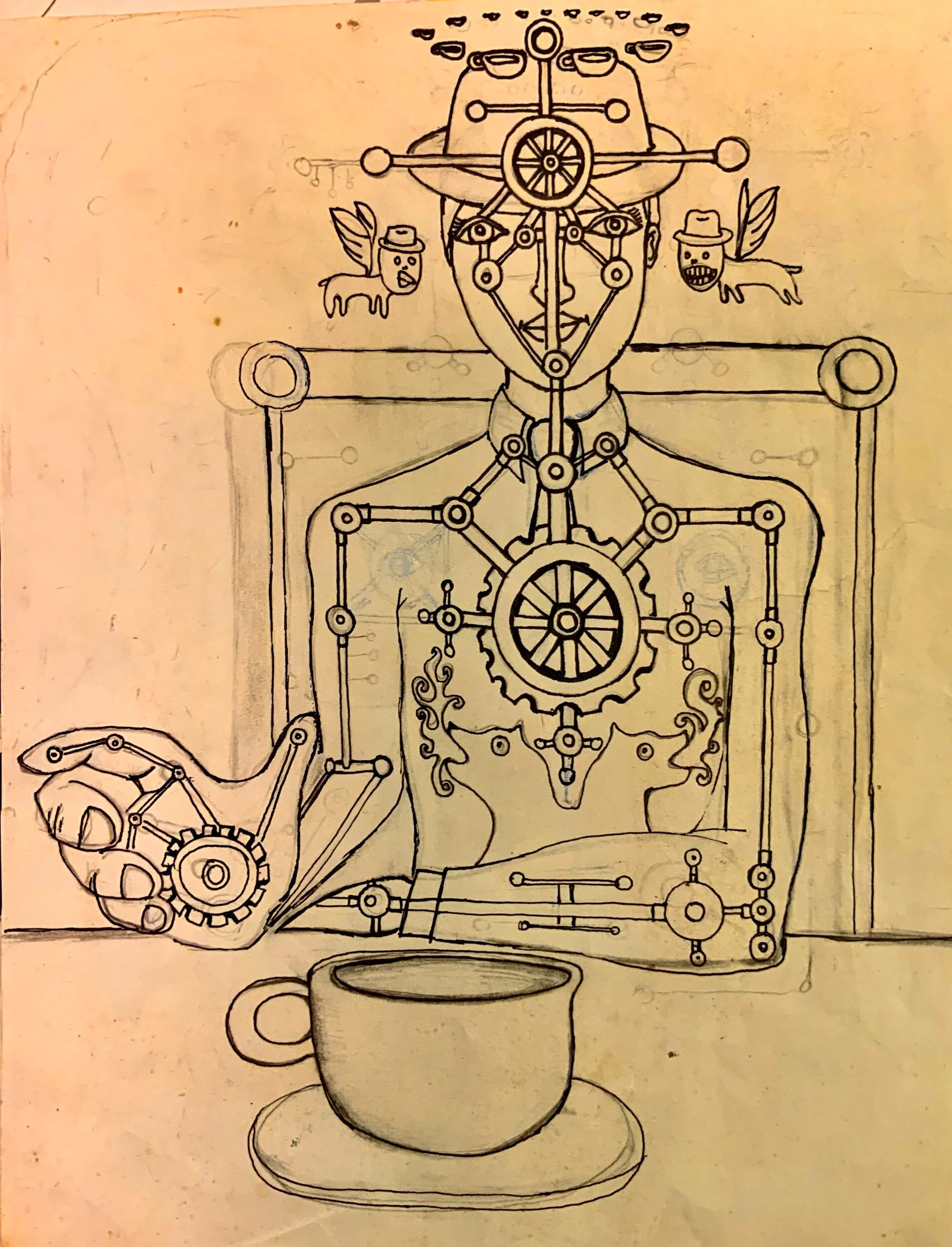 Line drawing of a human figure with mechanical and steampunk elements, including gears and machinery integrated into the body. The figure has a large gear on the chest, wires and cogs throughout, with a cup and saucer in the foreground.