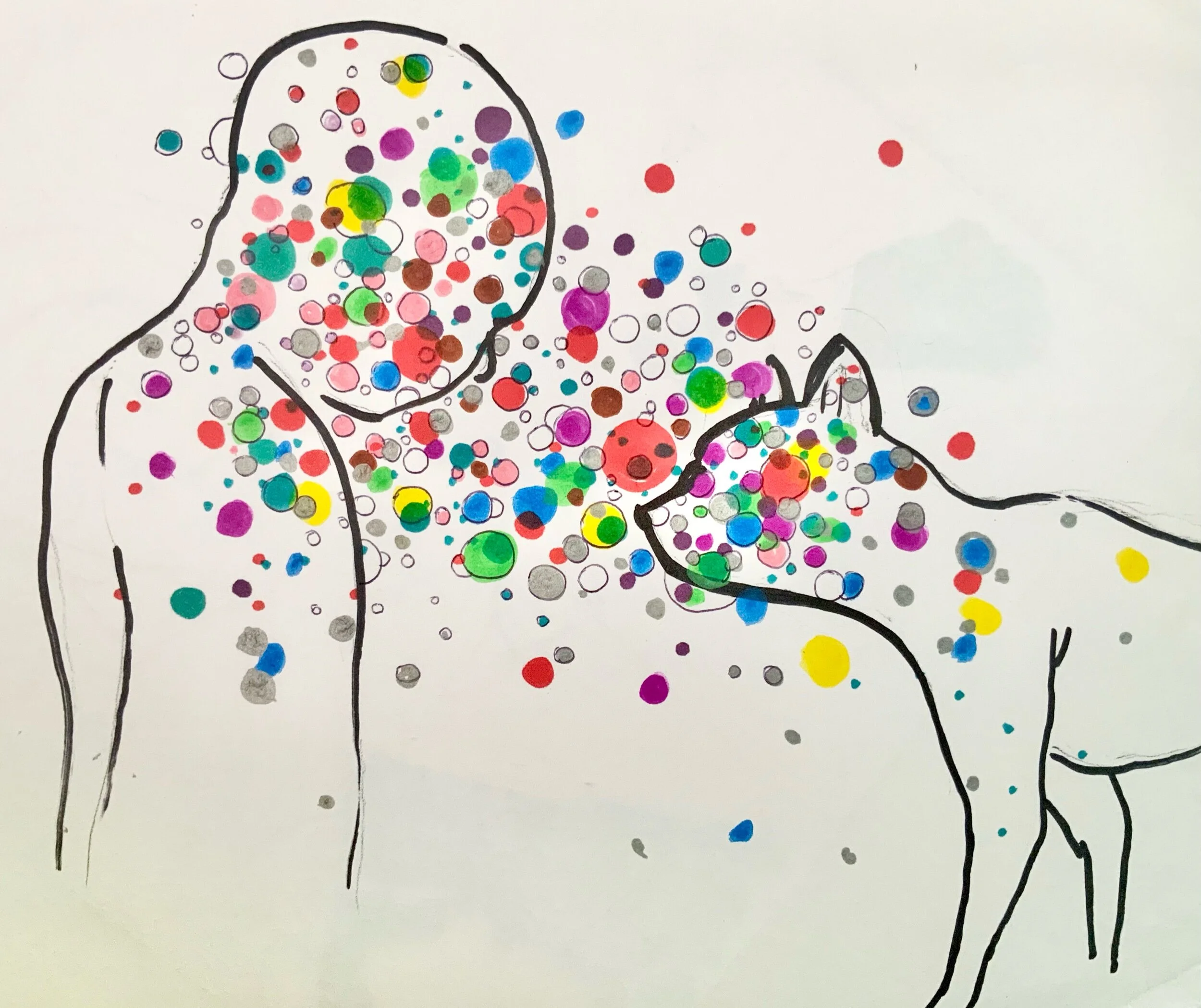 Outline of a person and a dog with colorful dots and splashes of paint on their bodies, resembling confetti or paint splatters.
