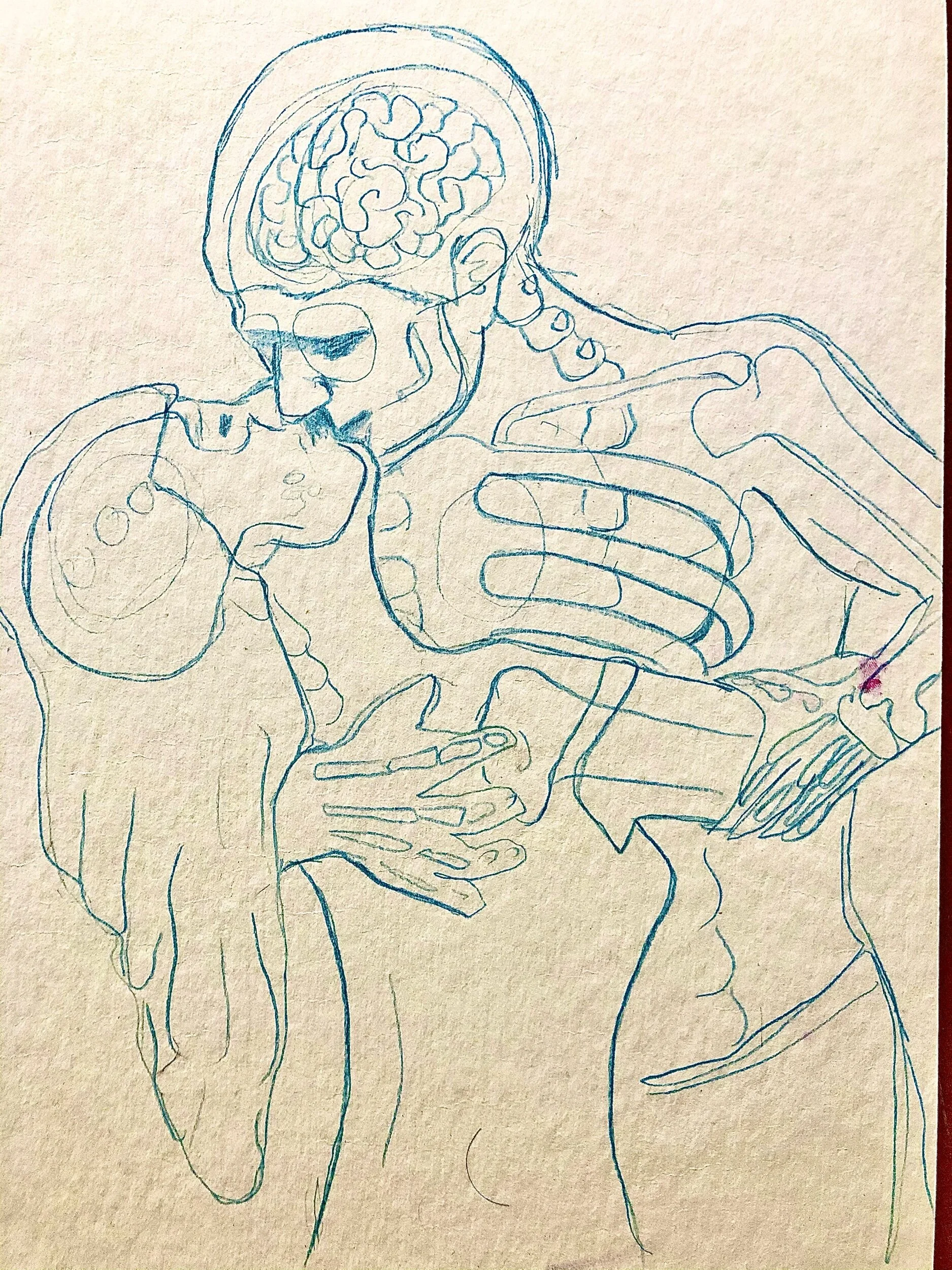 Line drawing of two people, one with a visible brain, the other with a team of gears, engaging in a conversation.