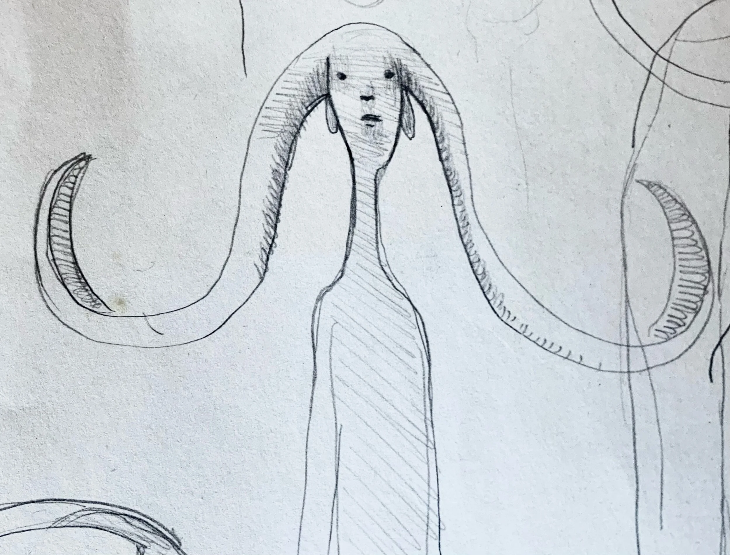 Sketch of a creature with a human face, long ears, a long neck, and tentacle-like arms.