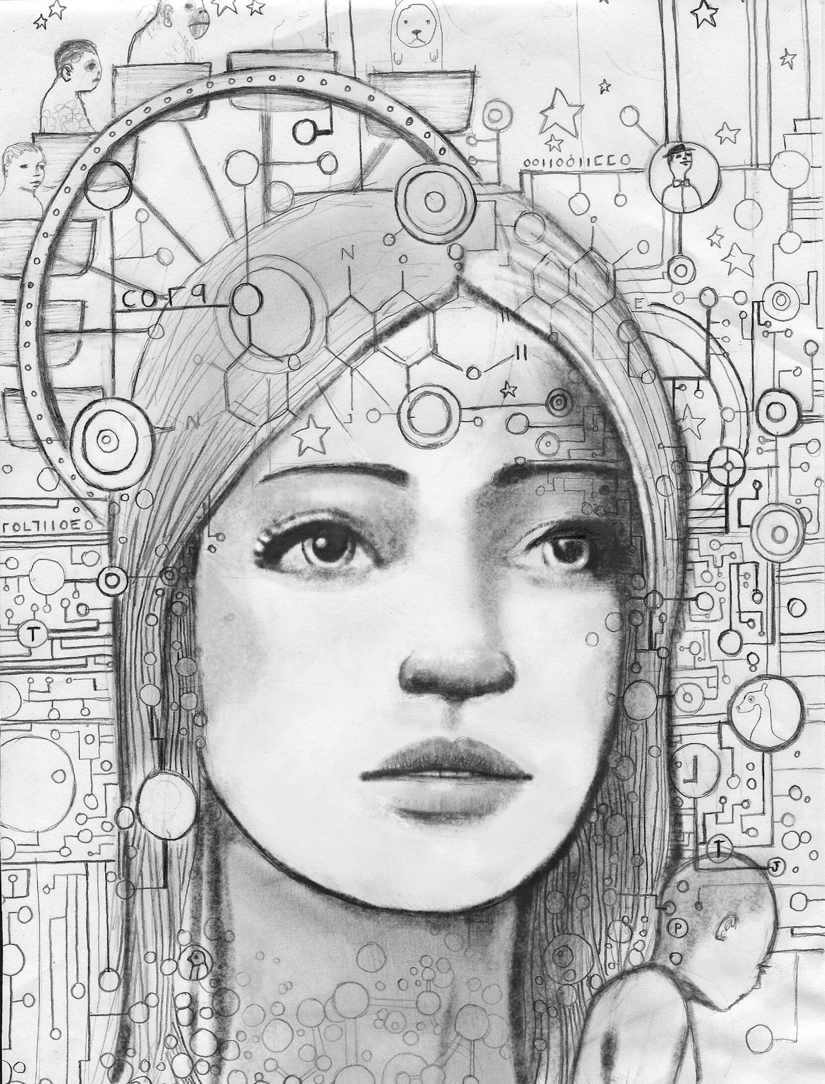 Black-and-white illustration of a woman's face combined with a futuristic, circuit-like background with various geometric shapes, stars, and small drawings of animals and objects.