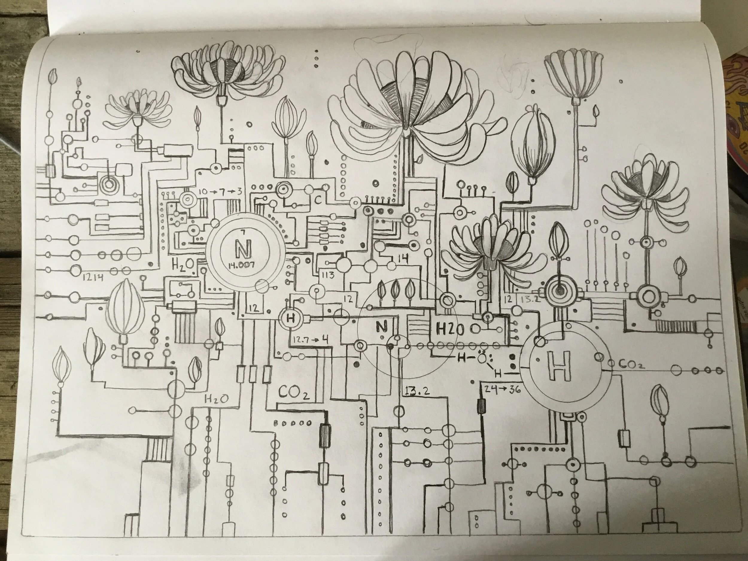 Line drawing combining circuitry and flowers, depicting circuit symbols labeled with elements and molecules, intertwined with sketchy flowers.