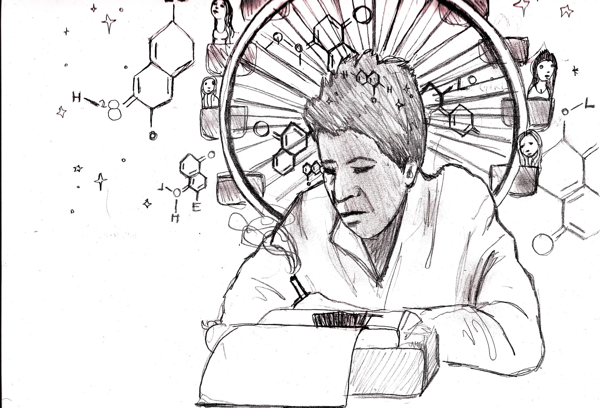 Sketch of a woman with short hair writing in a notebook, surrounded by floating cells and molecular structures, with a large circular mirror or window reflecting her face and multiple small drawings of women in the background.