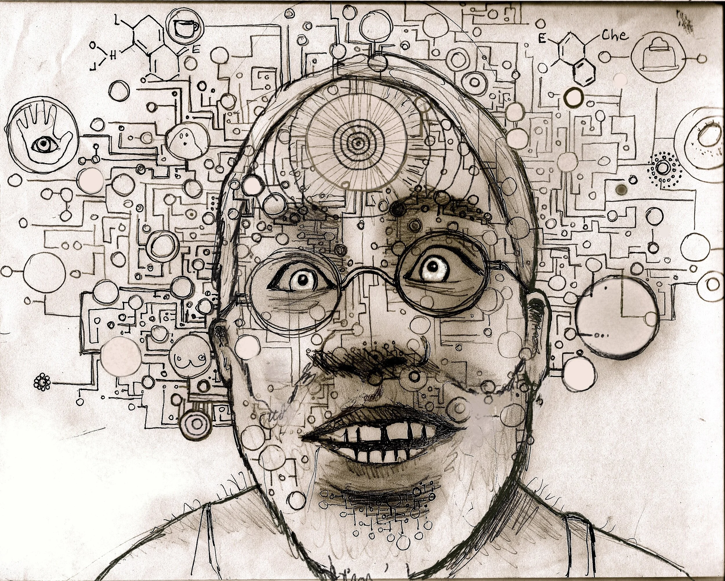 Sketch of an old person's face with glasses and missing teeth, surrounded by circuit-like lines and symbols, some with abstract eyes and objects.