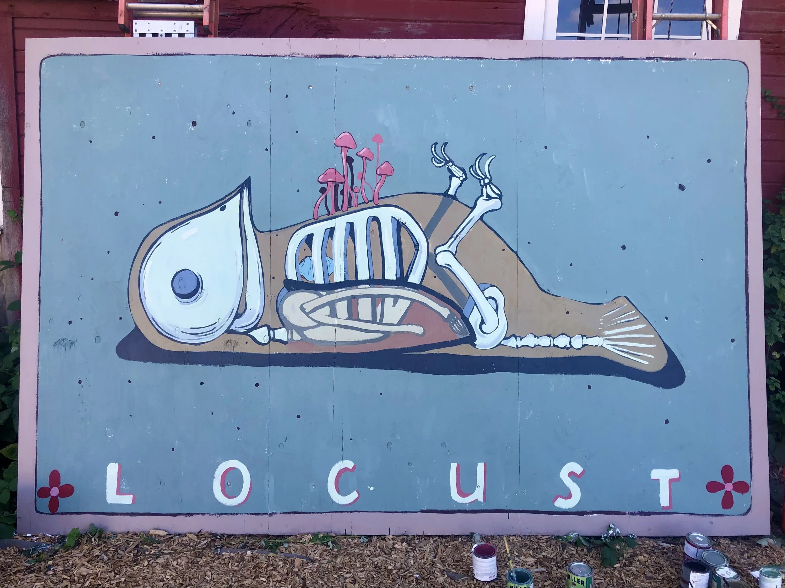 this was made at  https://www.dundeelodgecampout.com    locust art locust songs dead bird mushrooms 