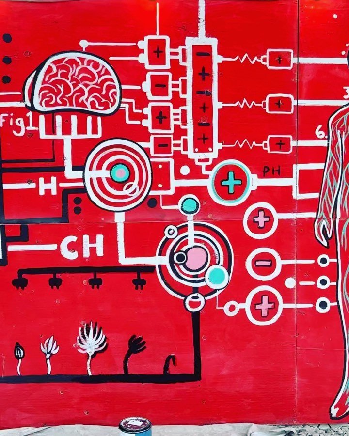 I did a 60 ft mural for burning man this year. I used 6 colors and took 4 days to finish. 
:::
&mdash;
:::
&mdash;
:::
&mdash;-
:::
&mdash;
:::
&mdash;
 #locustsongs #burningman #mural #centercamp #centercampmural  #bm2023 @burningman #mudburn #rainm