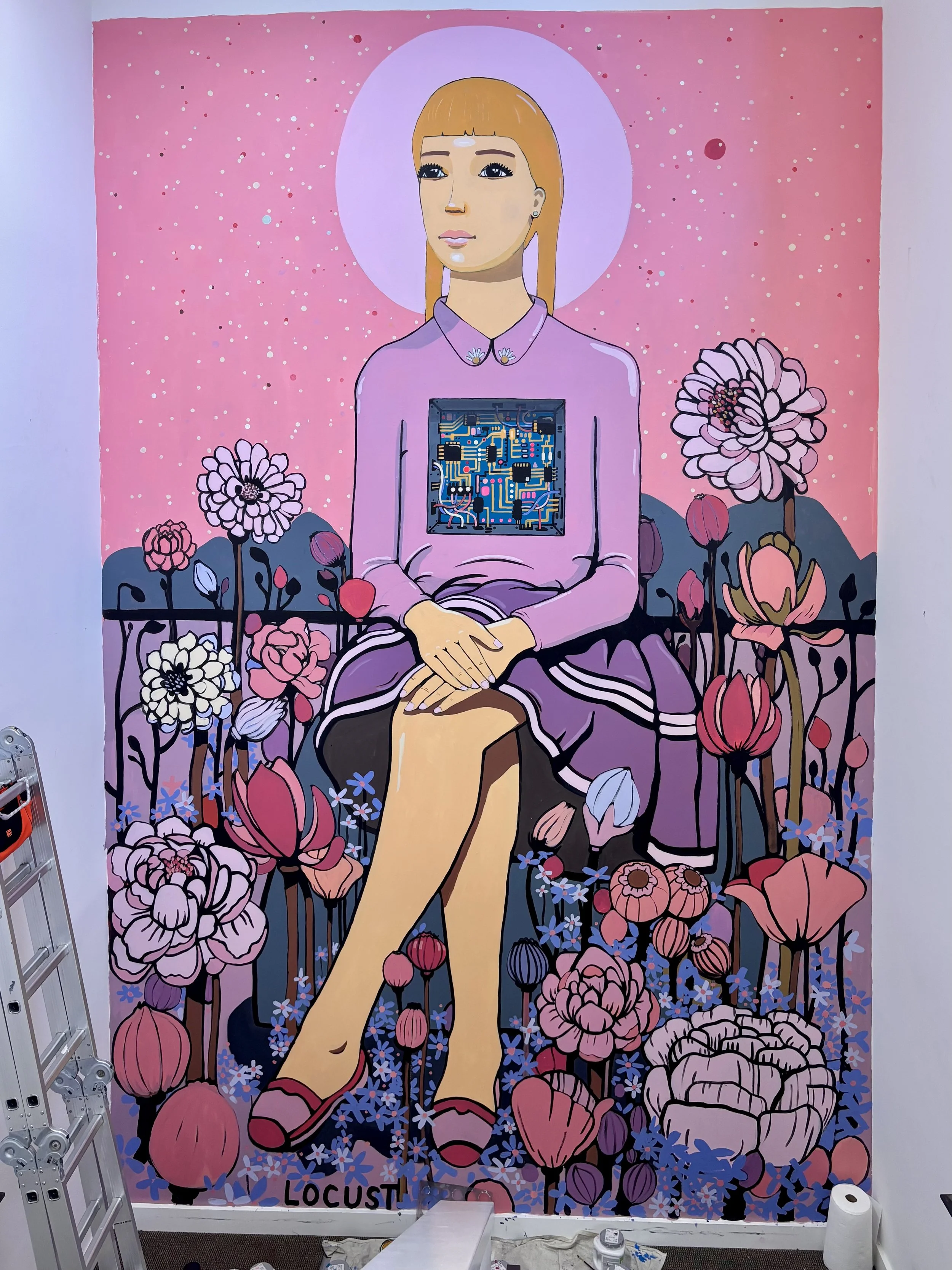 Locust art mural robots and flowers
