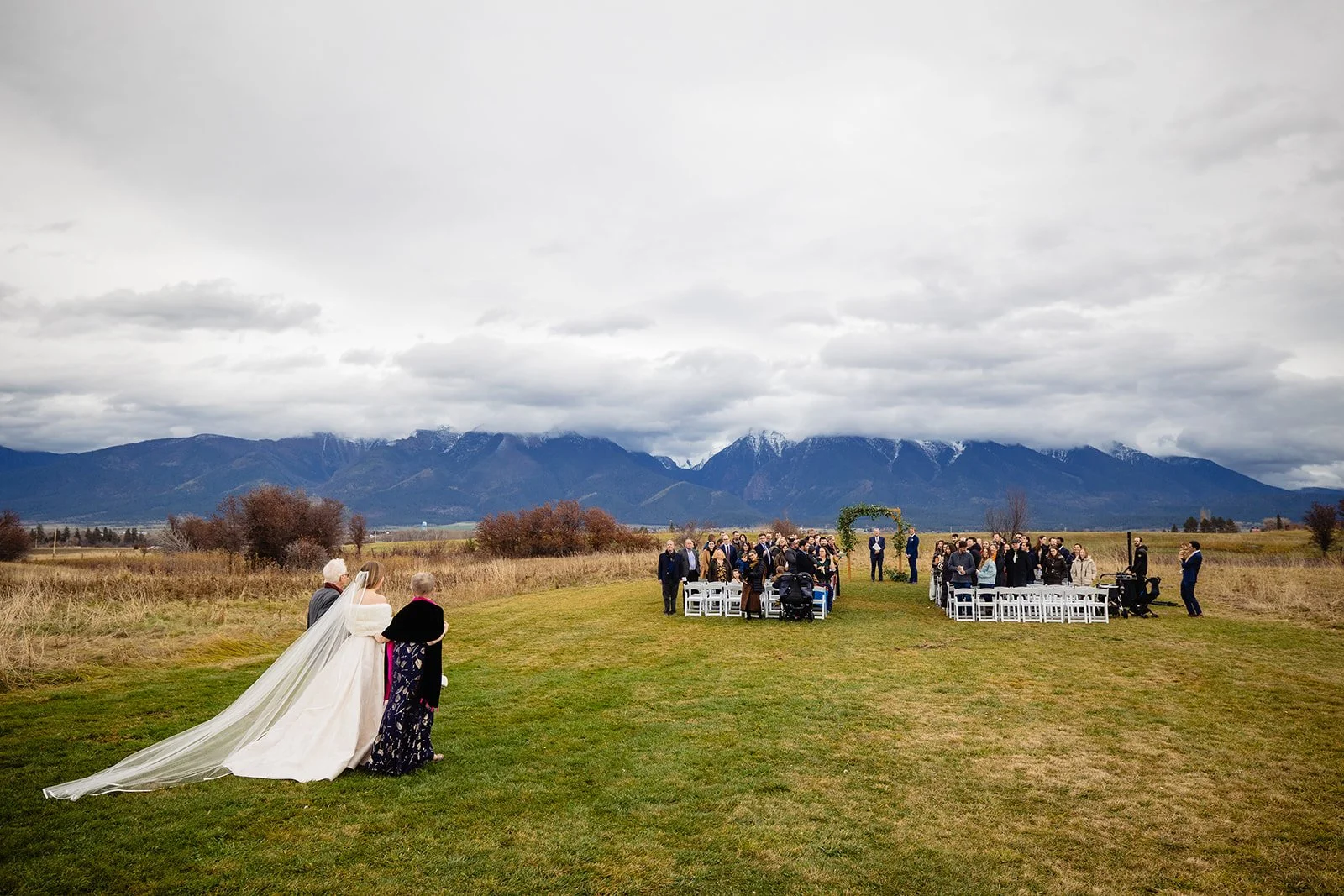 Dramatic Entrance to November Wedding Outside in Montana