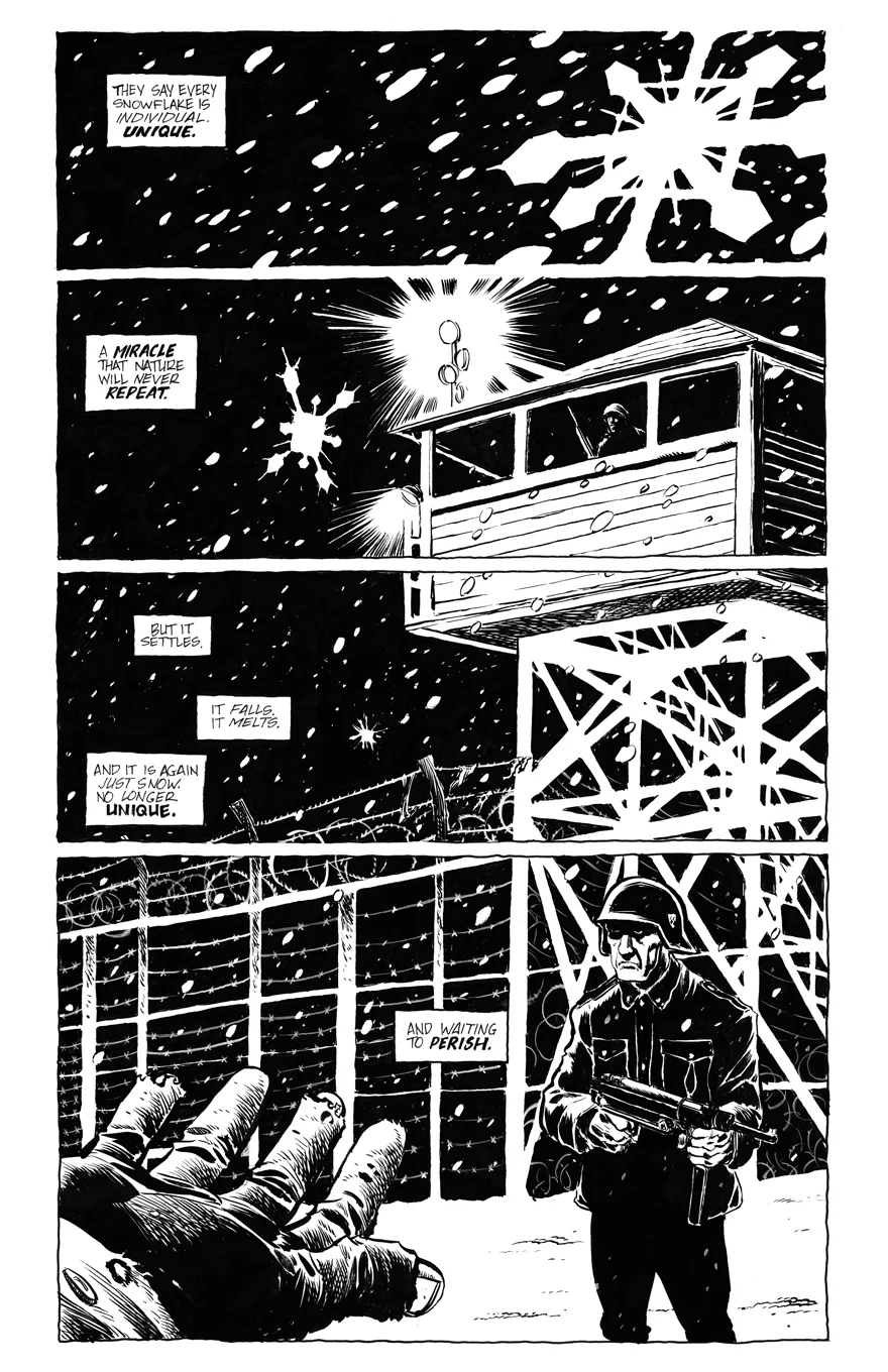 So after the pencils have been laid down, the FUN begins! With this particular story I decided the wavy lines of hand drawn borders would add to the rugged bare bones-ness I was looking for, so I drew the panel borders freehand with a pen. Generally I avoid using a pen whenever possible, as I'm a diehard brush man. I also tend to avoid using white paint, and prefer to establish negative space while laying down the blacks. Here, though, I used the white paint to do the razor wire - then wondered why I didn't use it more - before putting it back in the drawer to be not used again. Most of the textures I like to implement while inking were established by the '50s by masters like Jack Davis, Will Eisner, Wally Wood, etc. O'Barr and I share a deep love and respect for the old EC war books, TWO-FISTED TALES and FRONTLINE COMBAT, and wanted to emulate that feel with this puppy. So in the snow, rather than leaving it pure white space, I couldn't resist putting in a few wavy Kurtzman lines to signify clumps; most of my lighting techniques are ripped off from old Spirit books. In fact, there might not be anything original on this page! Ah, wise King Solomon was right. HOWEVER - it's all about using what works to tell the story you're telling. Hopefully this portrays the kind of grit and gruel we were going for. After the inks are down I erased those damned pencil lines and scanned the page in, usually at least 400 dpi, and submit it to the editor. Hopefully they like it! No, hopefully it blows their minds. I think our editor on this was nervous but kind about it.