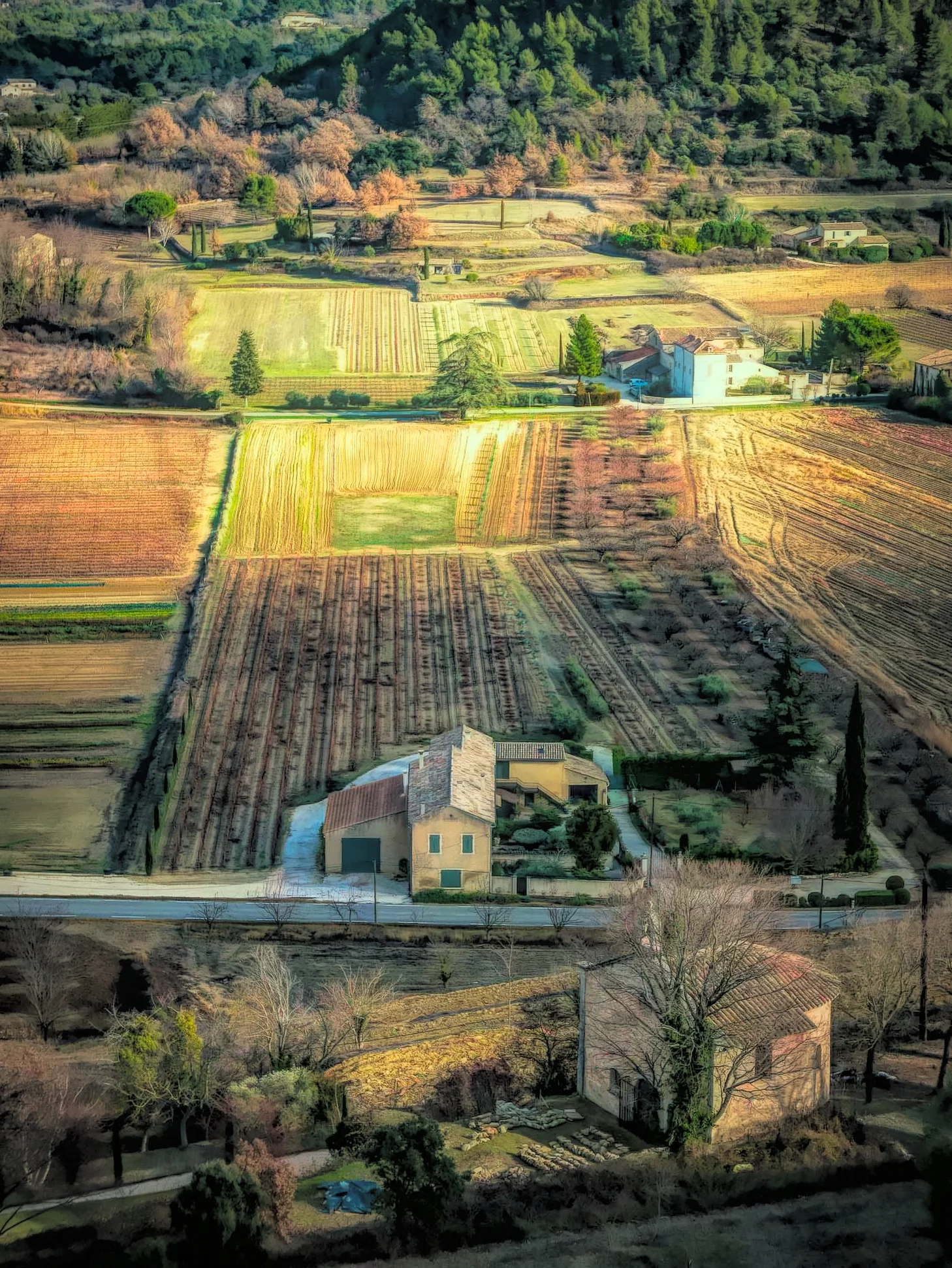 A winter view of the farms below Ménerbes, France.