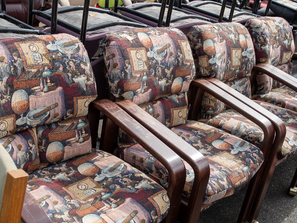This is the perfect place for the man-cave chairs. The worn spots are part of the “charm.”