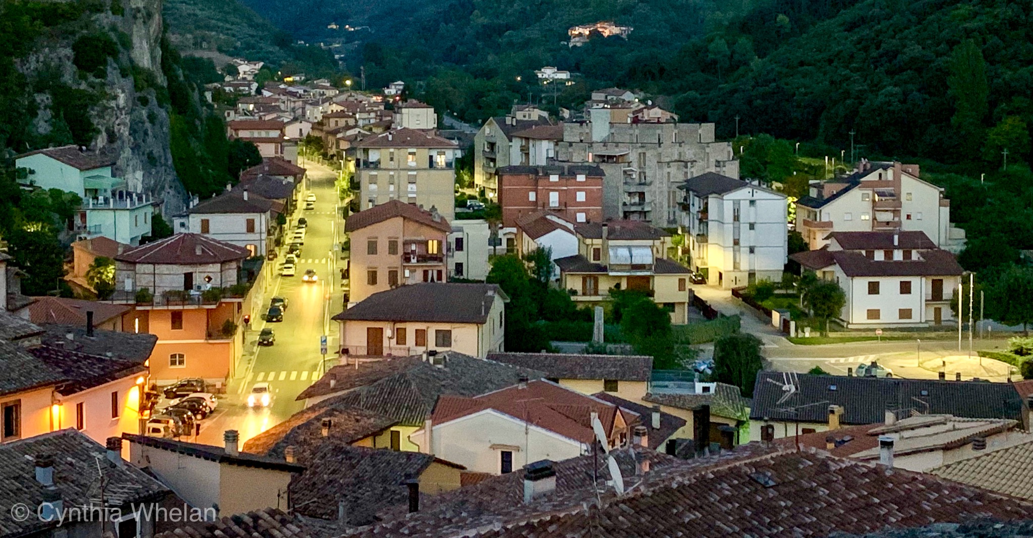 Night falls upon Arrone, Italy.
