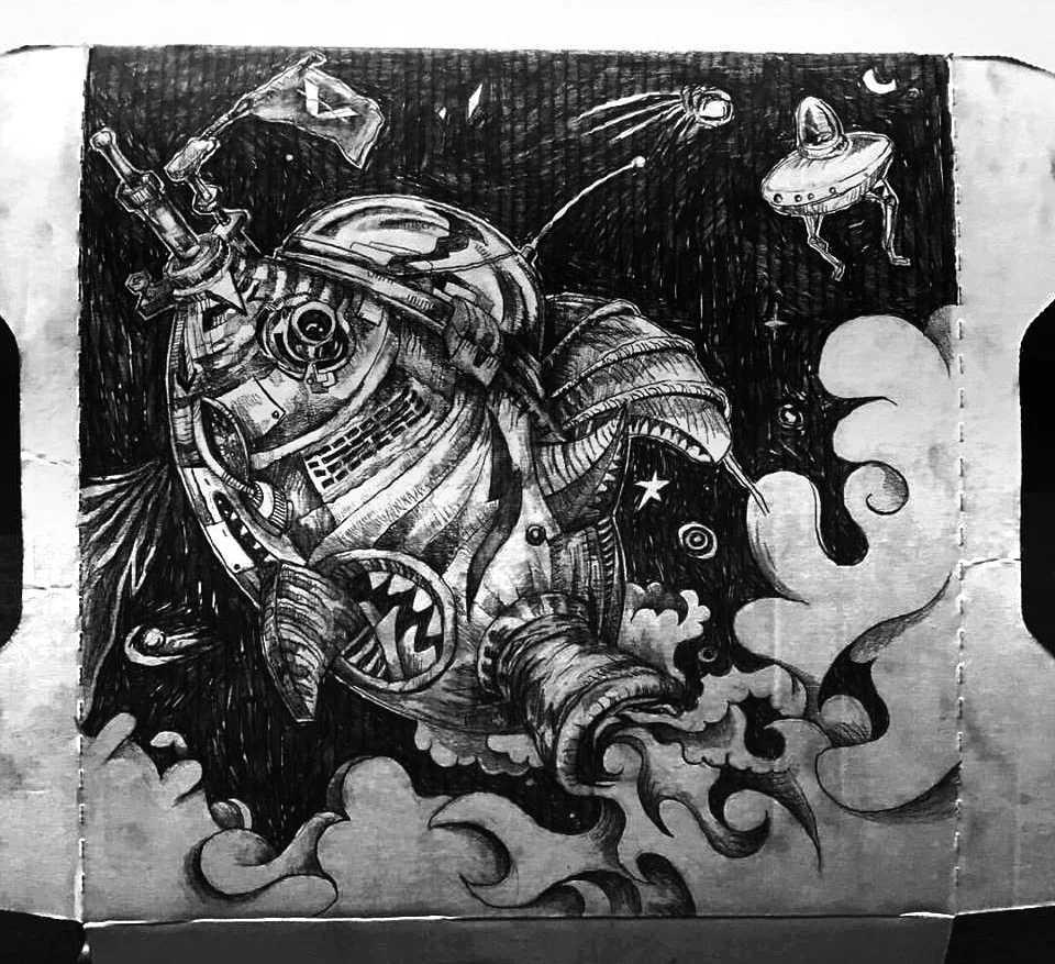  Blast off! Pencil on pizza box 