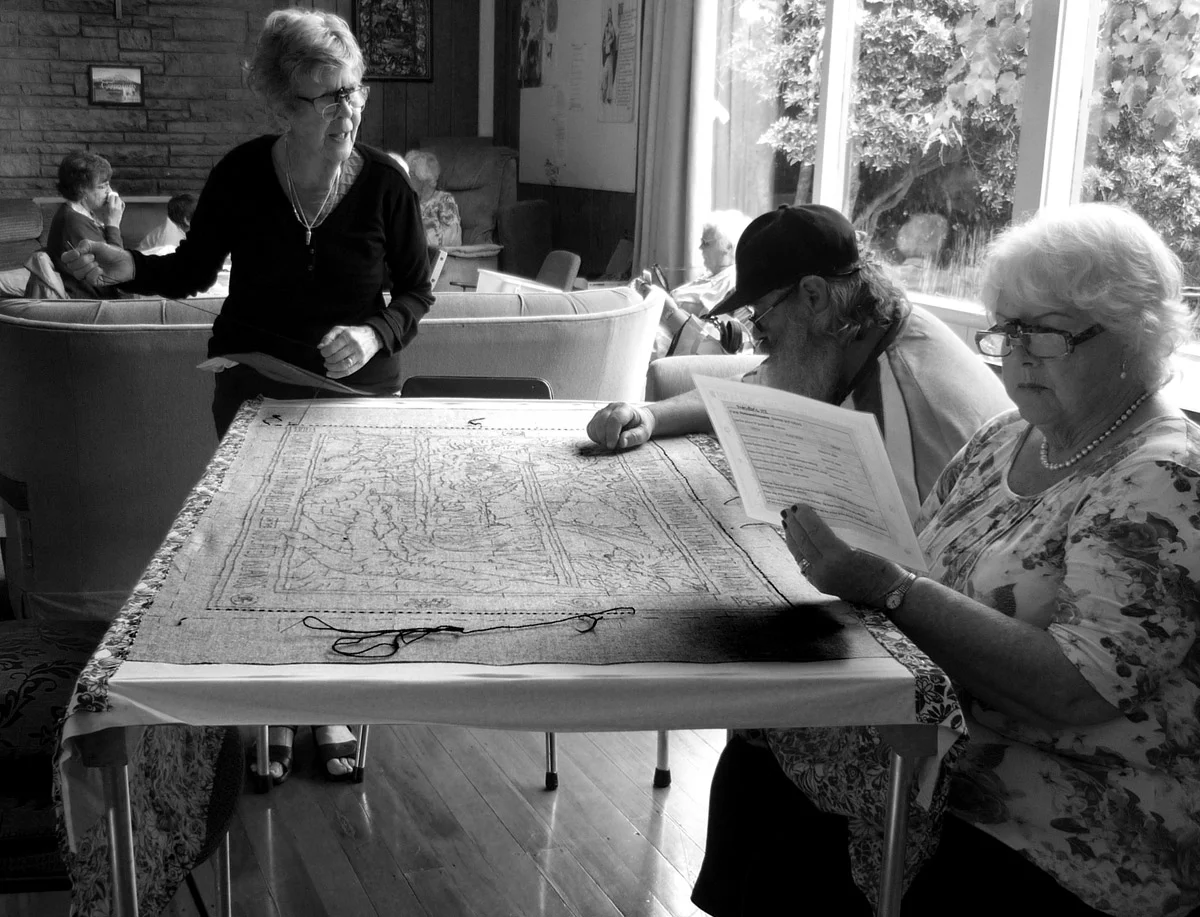 Members of the South Waikato guild beginning work on the Primeval NZ panel.