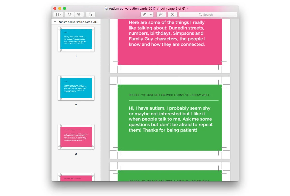  These ‘conversation cards’ had a set of explanations for different contexts: for family, friends, strangers, and for oneself. It’s pretty audacious to go up to someone and give them a card explaining how your brain works, but at the very least, thes