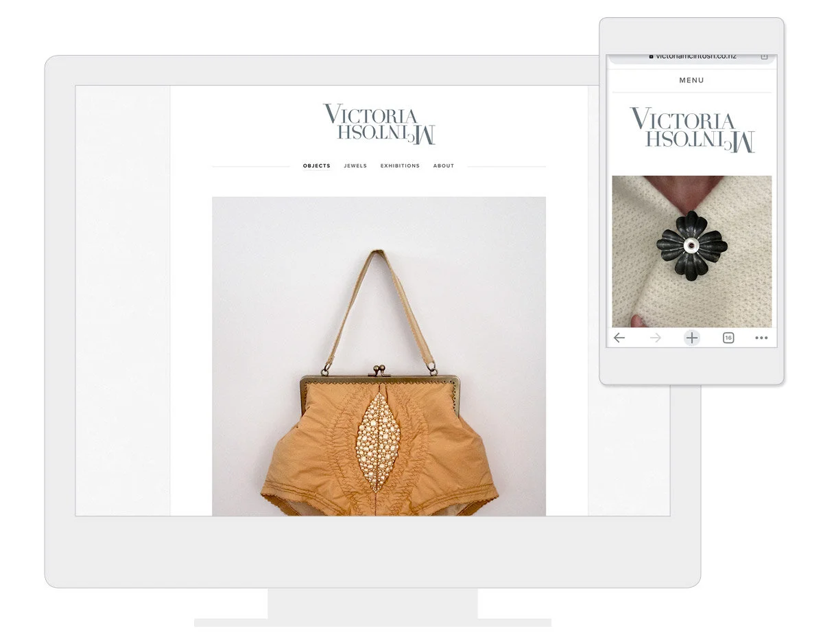  Nice clean Squarespace gallery site for Victoria McIntosh’s beautiful and provocative art objects and jewels. 