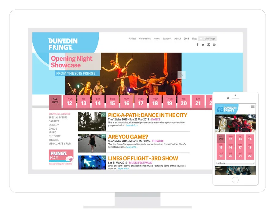  We set up the 2015 Dunedin Fringe Festival with a new look, a new site with a CMS, and used the API ticketing website Eventfinder for smooth ticket buying and content management for staff and artists. The system enabled the Fringe team of staff volu