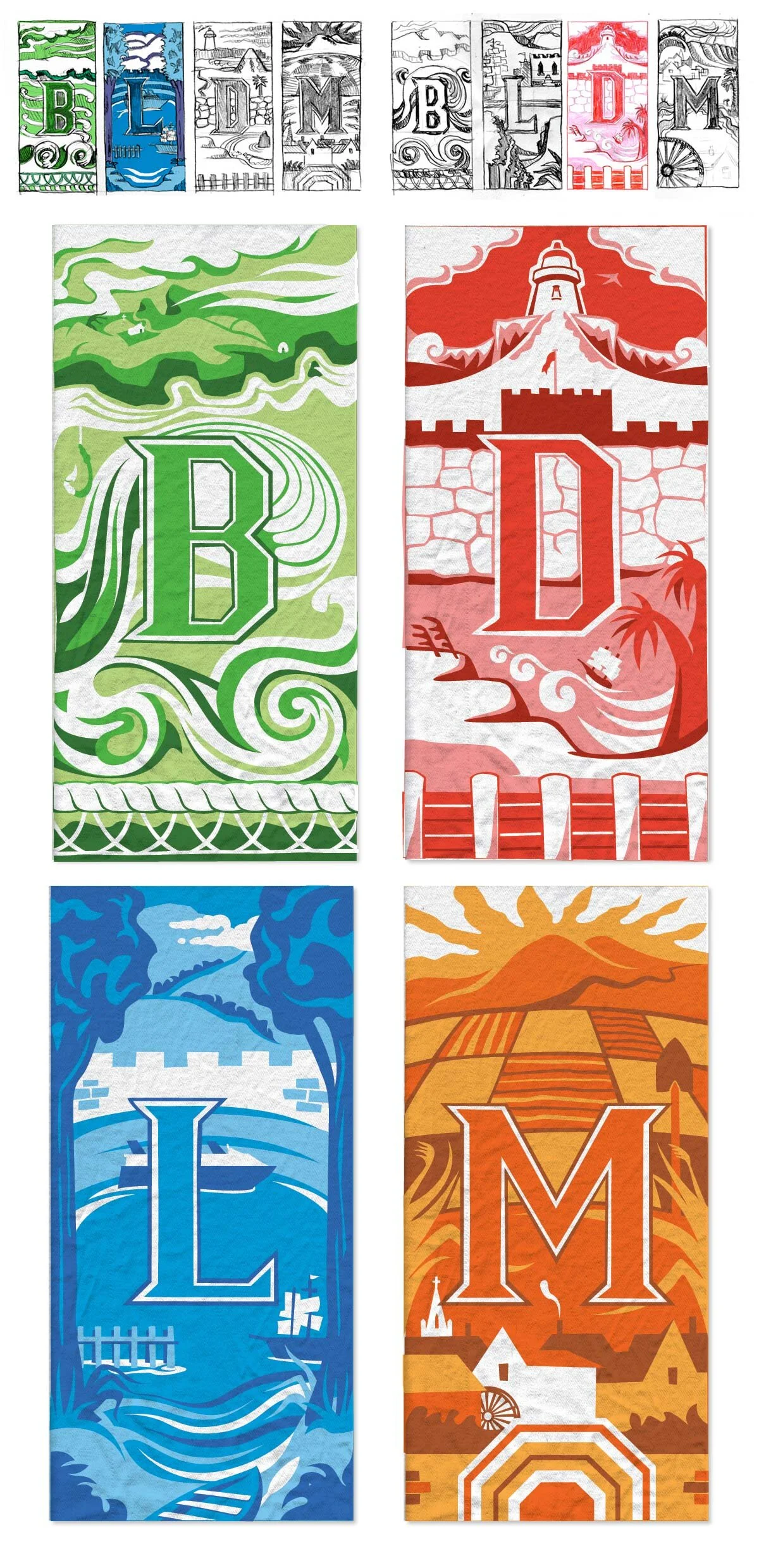  I worked with kids at the local primary school to create these illustrated flags for their four school houses: Belford, Dunrobin, Larnach, and Mathieson. The designs are meant to have a bit of a fantasy kinda Harry Potter kind of vibe. So that they 