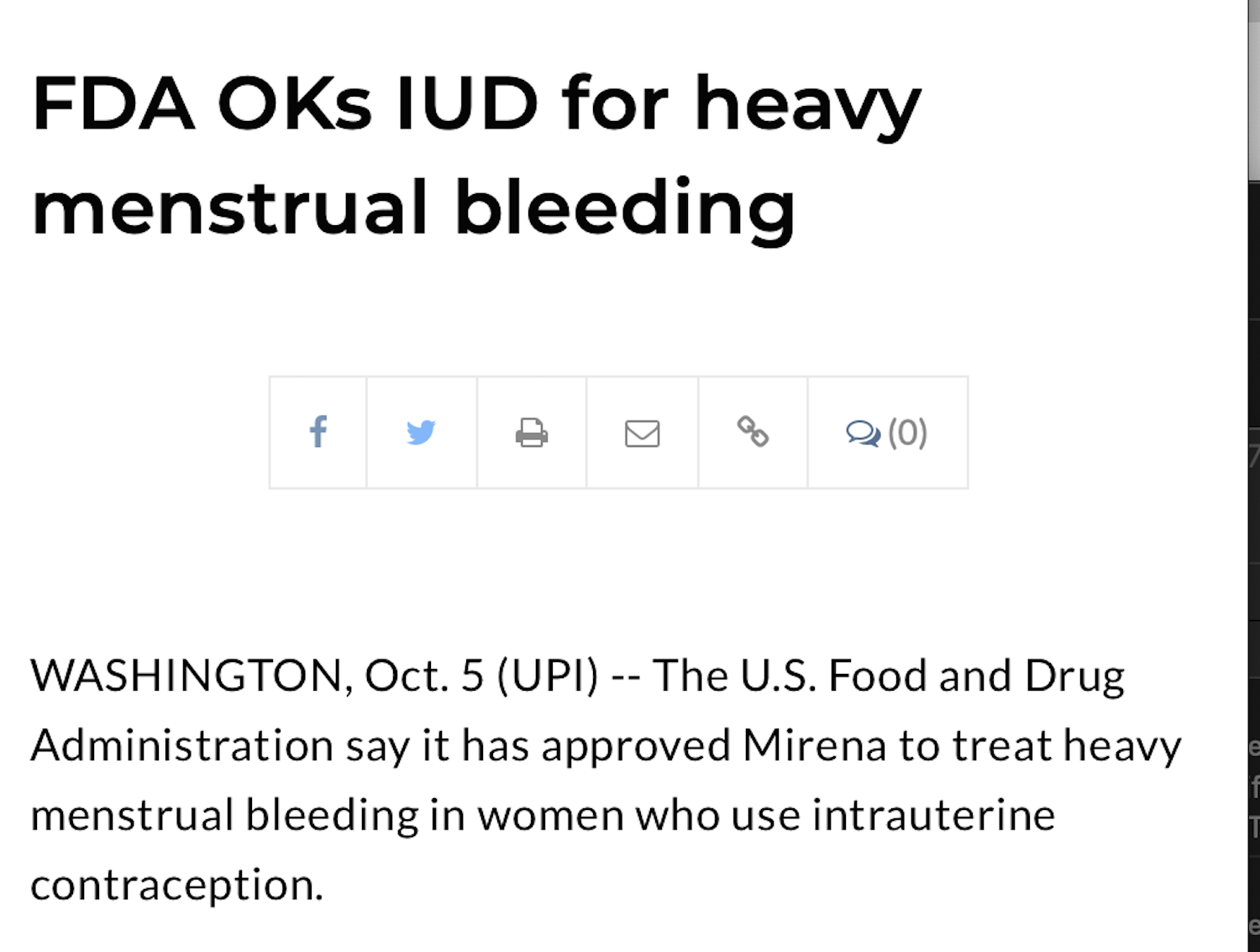    FDA OKs IUD for heavy menstrual bleeding    United Press International  October 5, 2009 