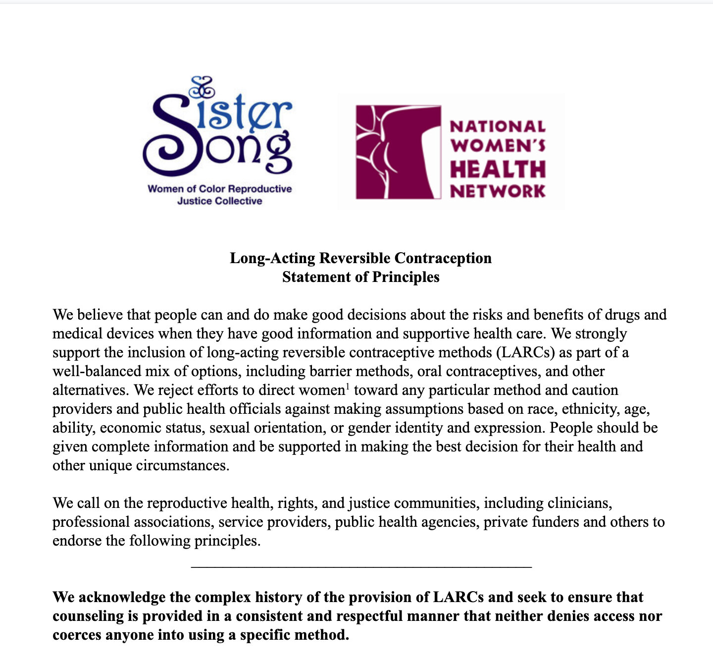 Sistersong &amp; NWHN Statement
