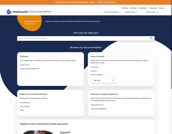 The welcoming page of Document Hub, Showing flow to Elastic Path Concept documentation