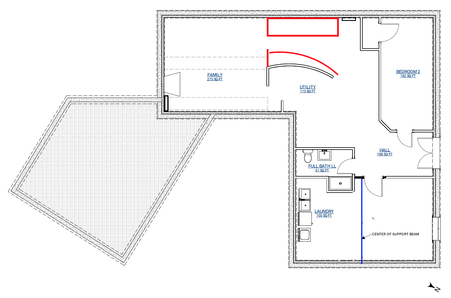 Lower level original floorplan (red indicates removed walls, blue is added walls)