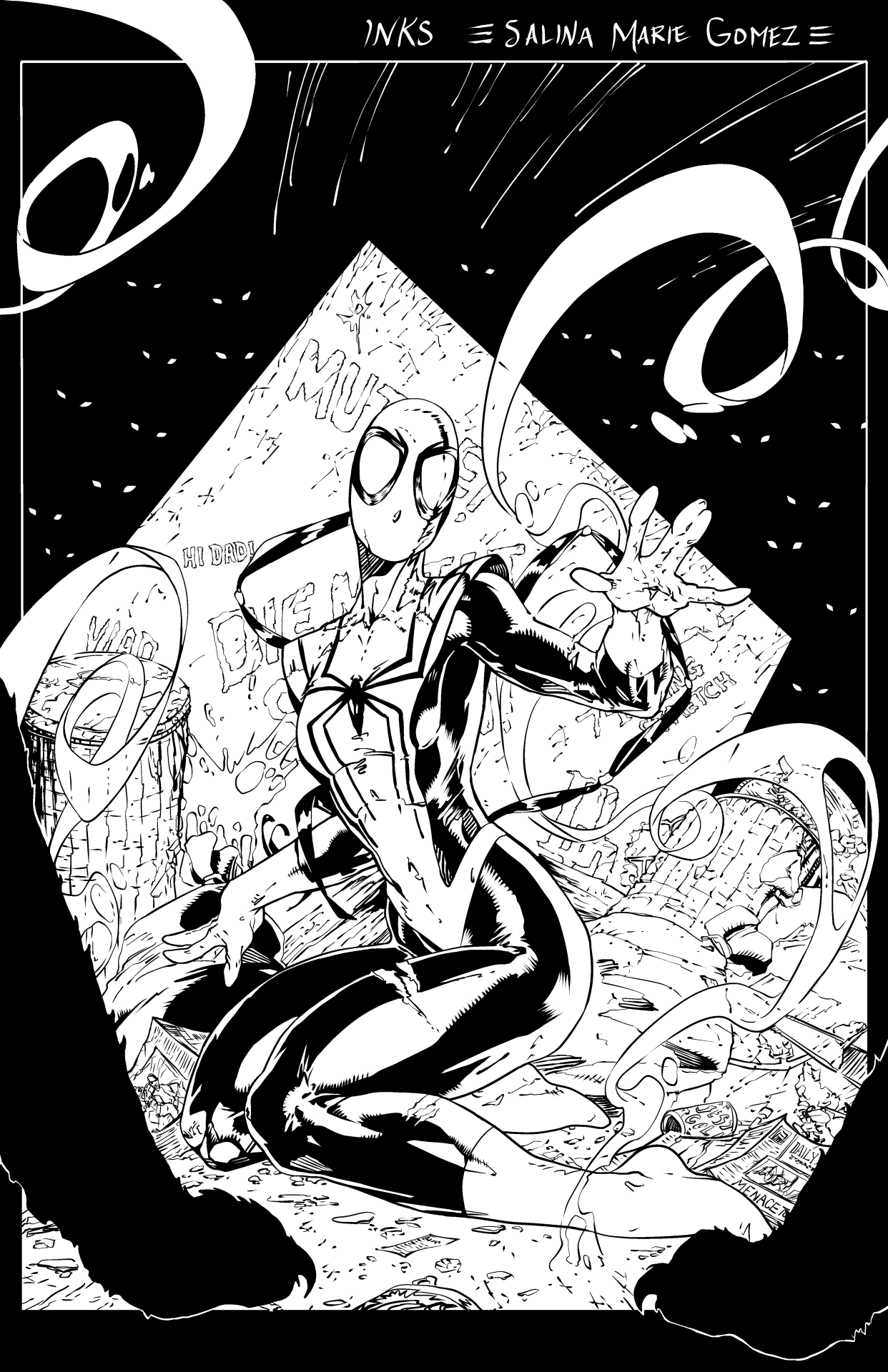 Another Brett Booth pencil that I digitally inked; Spider Woman. I don’t know if it was ever used as a cover, as I couldn’t find a finished version online. Most of Booth’s pencils can be found with a date associated with them. This one didn’t have a date or any inked version that I could find. It was challenging to figure out what was going on at first. Once I realized what the content was, I chose to use a few different brushes to help distinguish the graffiti from the rest of the madness. Overall it was pretty fun to ink.