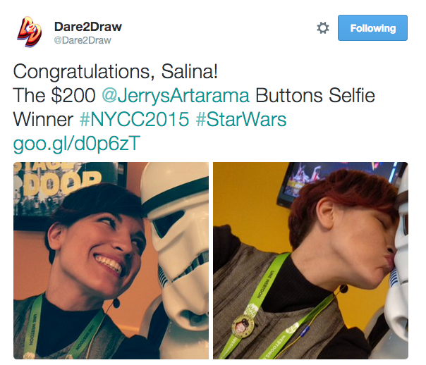 THANK YOU Jerry’s Artarama! I know I will be spending that $200 on a ton of those Jumbo Jet pencils… like drawing with butter, sooooo dreamy. And Dare2Draw was an awesome experience of real life pressure to draw a concept fast. Glad you exist. And odd timing to win a selfie contest with a stormtrooper, no? I mean, these guys need love too. Thank him for me if you know him. He was very patient with my insistence on this photo. :D