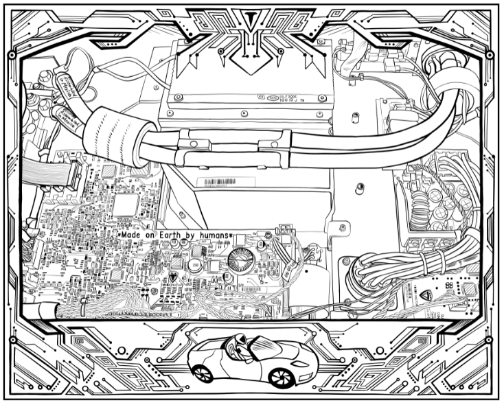 "Printed on the circuit board of a car in deep space"