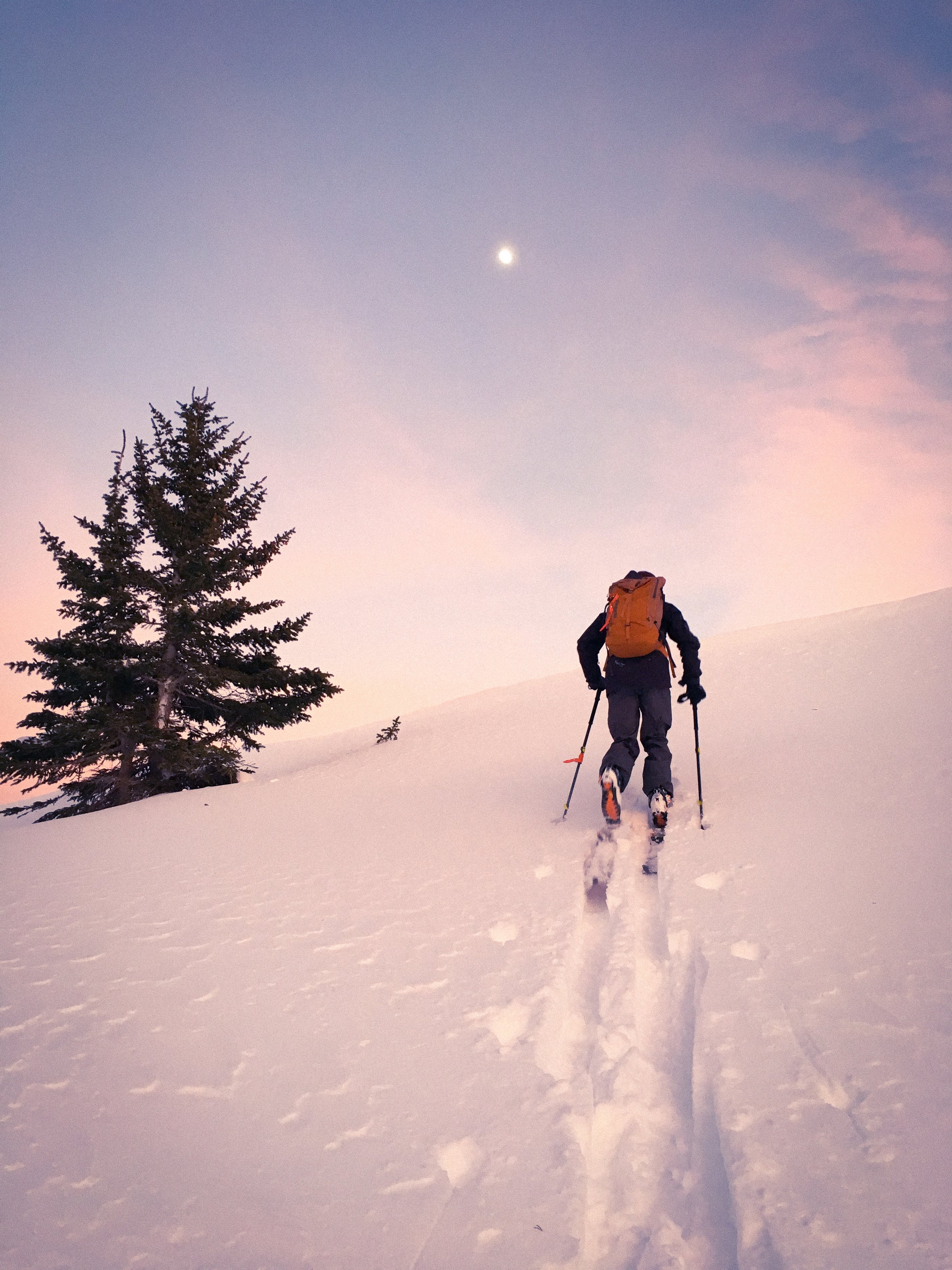 A person hiking in snow on a mountain slope at sunset, with a tree on the left and the moon in the sky.