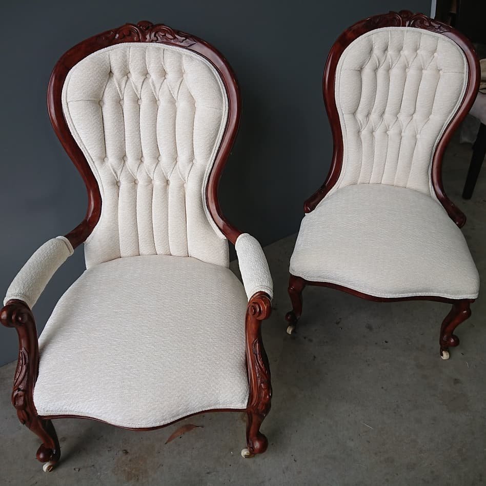 Deep-buttoned grandmother and grandfather chairs.

#upholstery #antique #newcastle