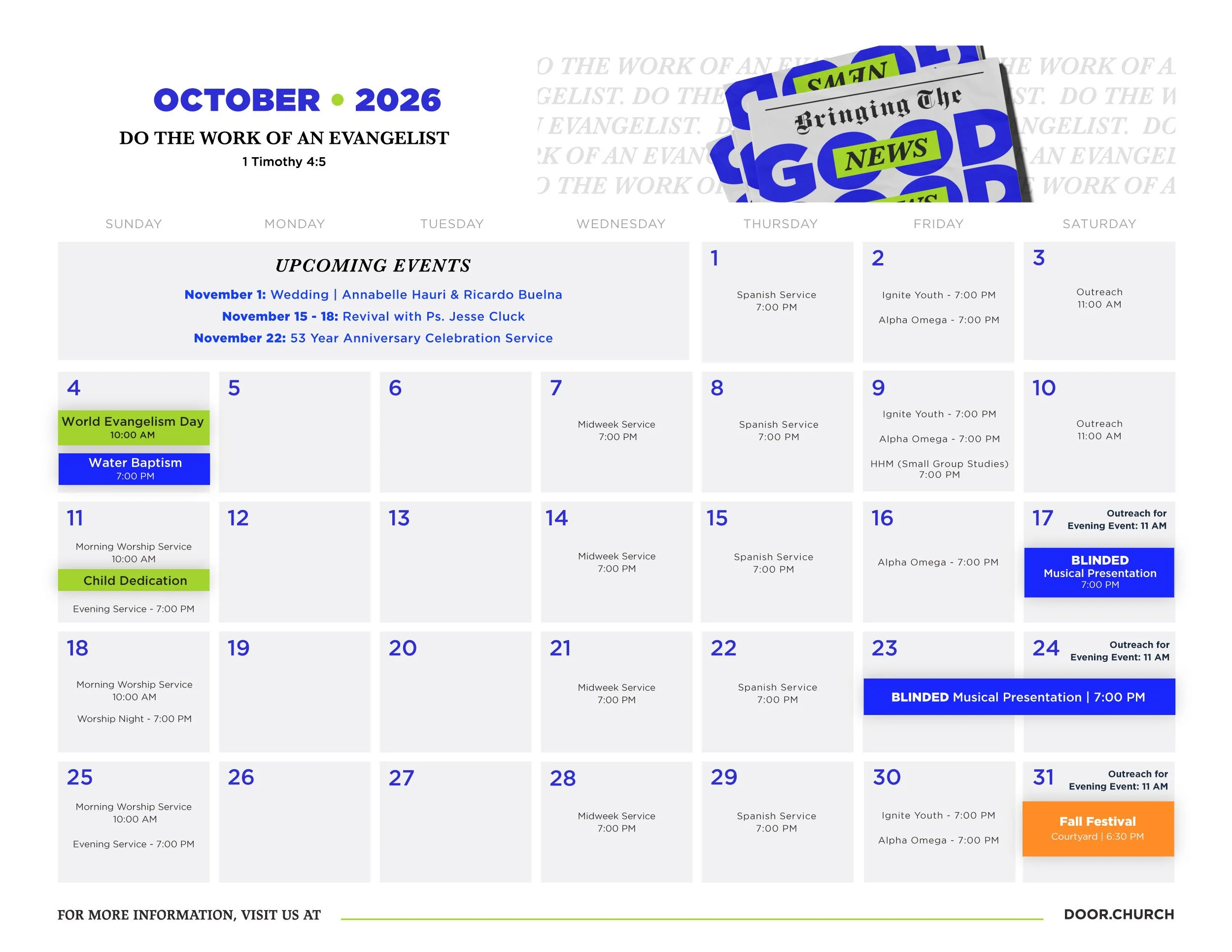 October 2026 church calendar with events such as worship services, youth programs, and community celebrations, featuring text in blue, black, green, and orange.
