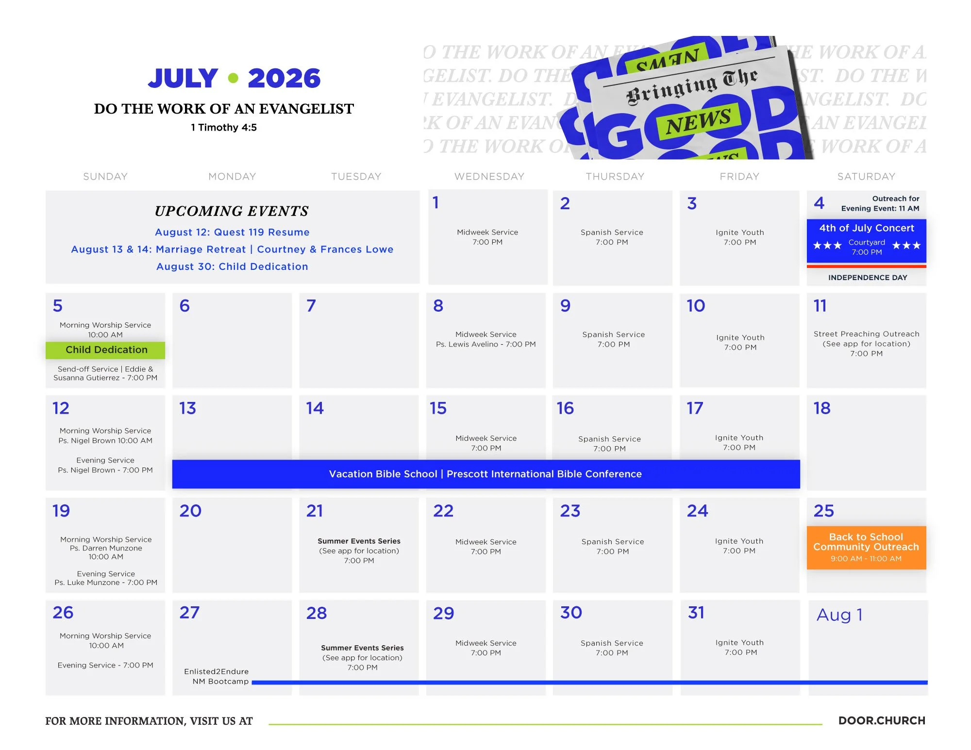 Monthly calendar for July 2026 with religious service events, including Sunday worships, midweek services, Spanish services, youth events, and outreach activities, with highlighted events like Child Dedication, 4th of July concert, and Back to School Community Outreach.