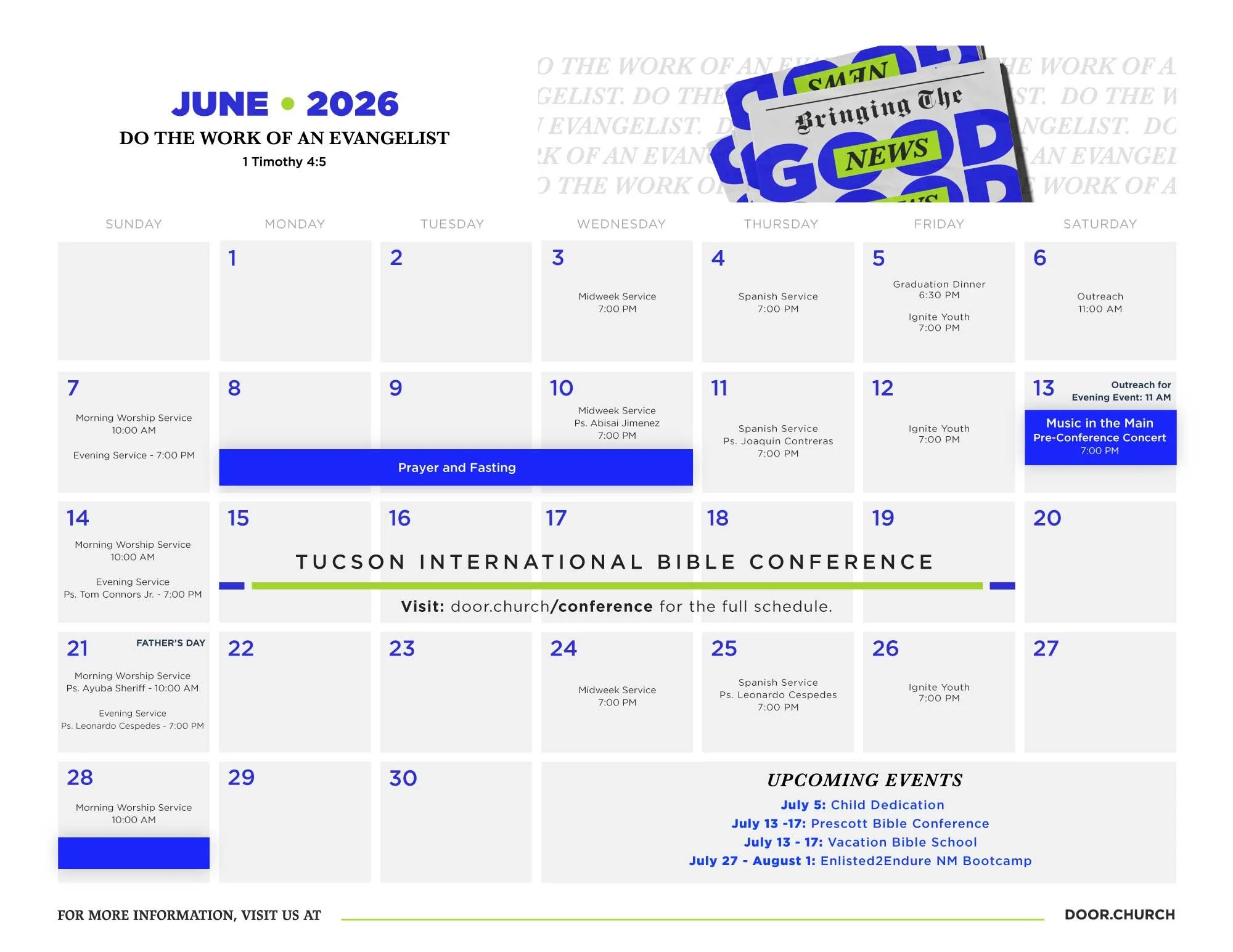 Monthly Calendar for Door Church in June 2026