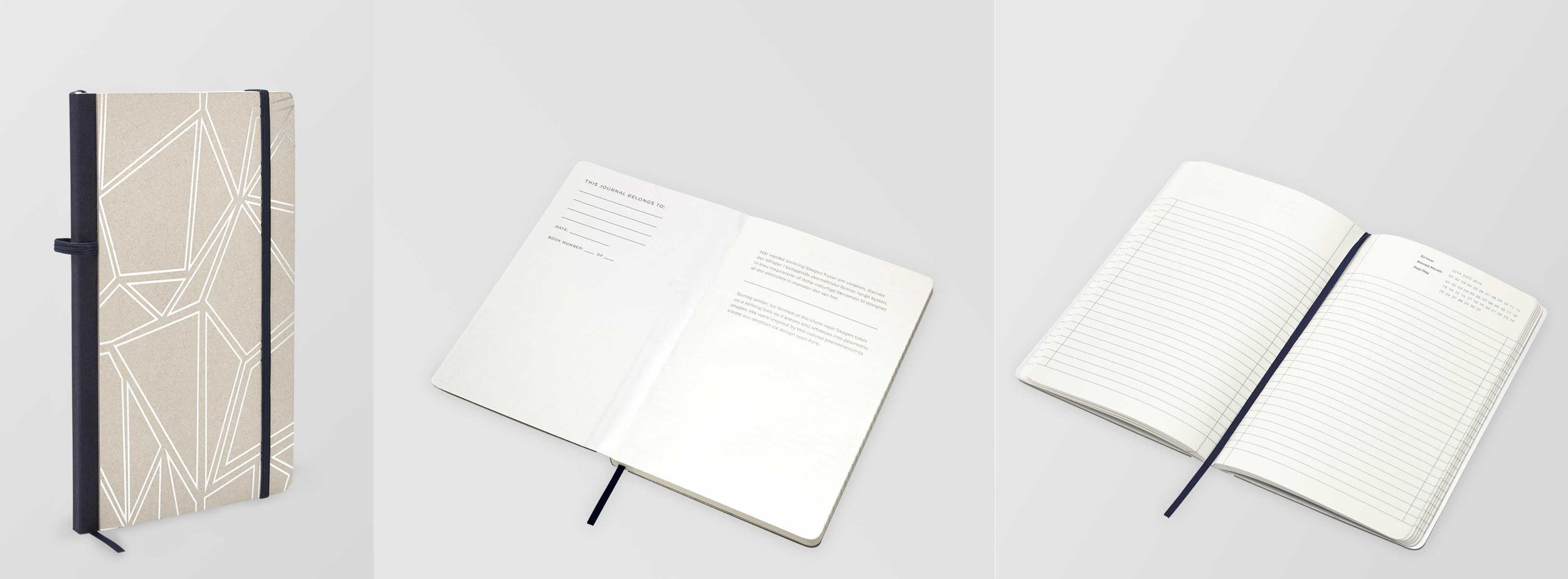 Custom notebook design (concept, mechanicals, sample management through production). Silver foil debossed chip board front and back cover with white shimmery, metallic paper interior cover, college ruled pages, unique graphic-inspired numbered calendar (circle the dates), ribbon page marker and matching elastic closure and pen holder around the book cloth spine.