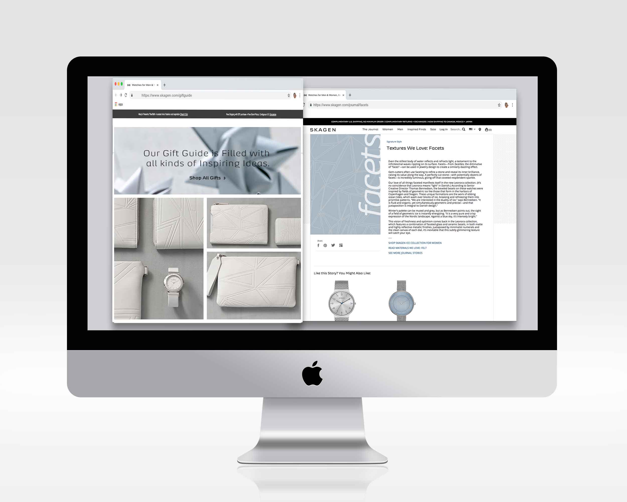 Various Web Layouts: Gift guide featuring the patterned leather product as well as being used as a graphic treatment for a blog post description of the collection.
