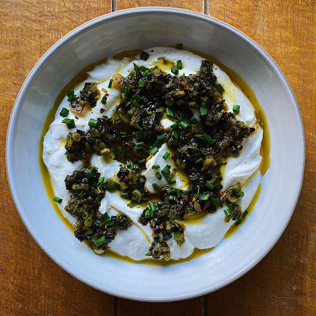 Labneh with charred scallions and chili oil #chezfaye #fayemade