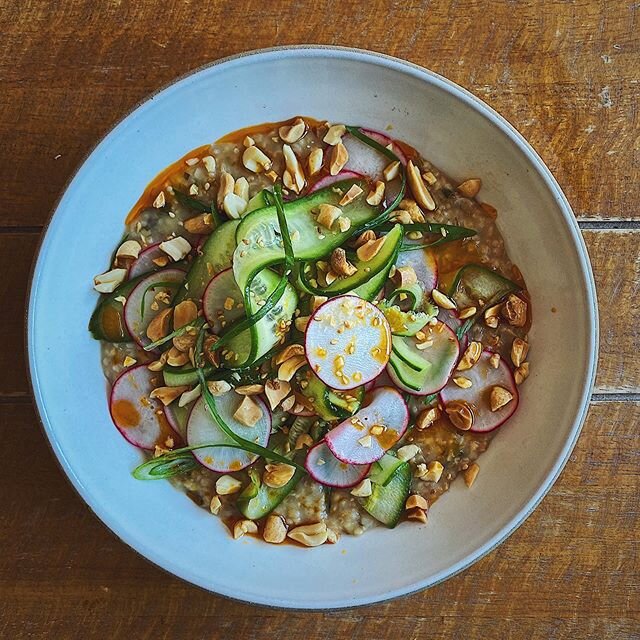 Savory dashi oats, pickled cucumbers/radishes, scallions, roasted peanuts, and chili oil. Also lovely with a jammy egg. #chezfaye #fayemade