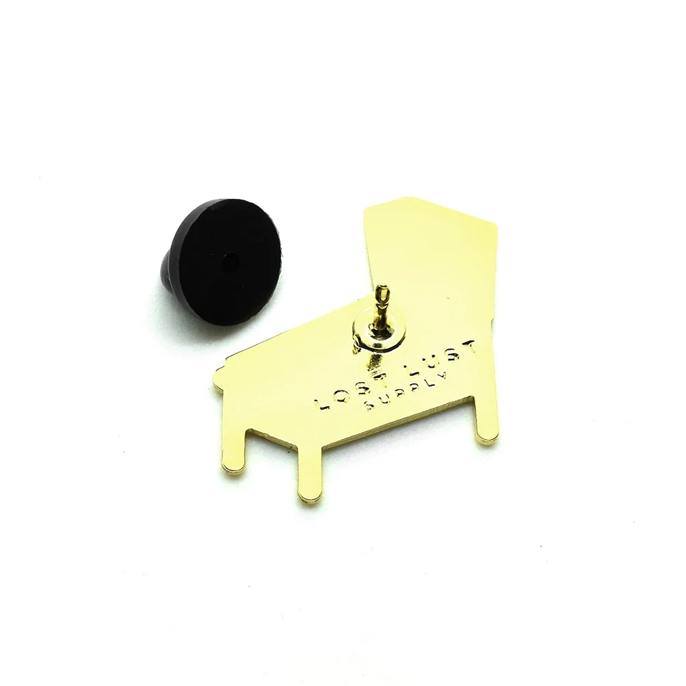 Back of polished gold pinball machine die-cast enamel lapel pin, by Lost Lust Supply.