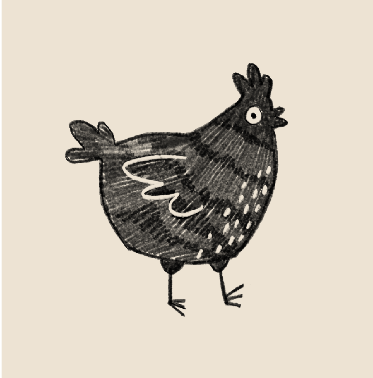 A cartoonish illustration of a chicken with a rounded body, small wings, and thin legs on a plain beige background.