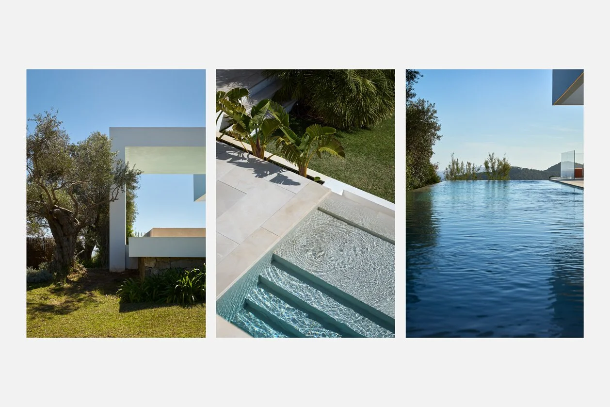 Tríptico de geometría blanca, escalones sumergidos y piscina desbordante