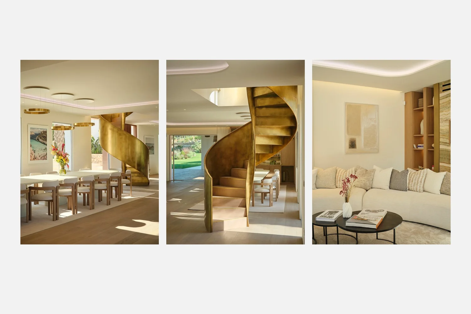 Triptych of the dining room, curved staircase with a gold-coloured finish and living room.