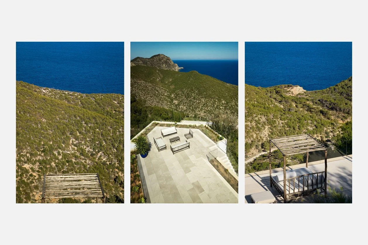 Tríptico de terrazas y pérgolas vistas desde arriba con la costa al fondo