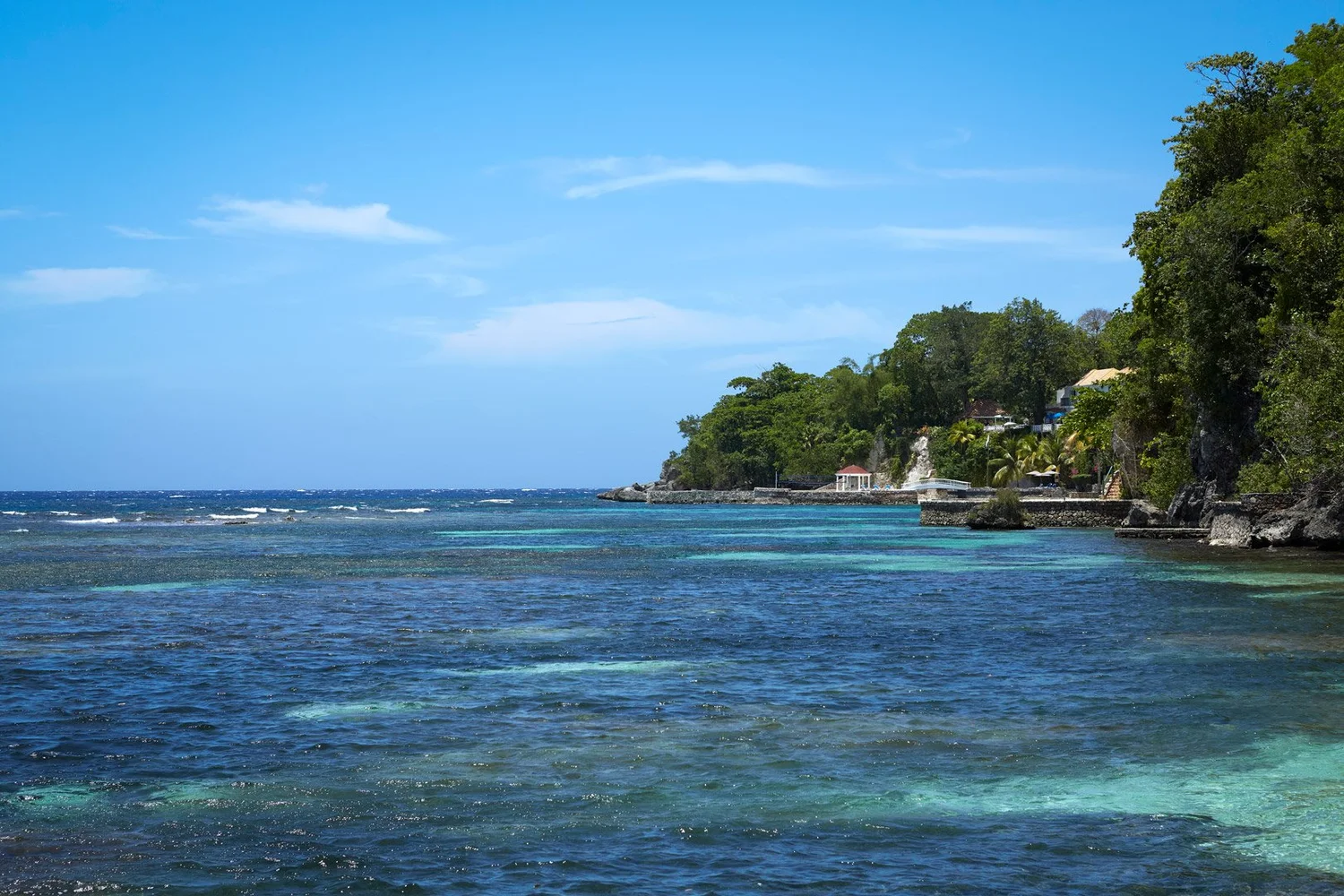 Vista del mar y de la costa arbolada de Jamaica durante el día.