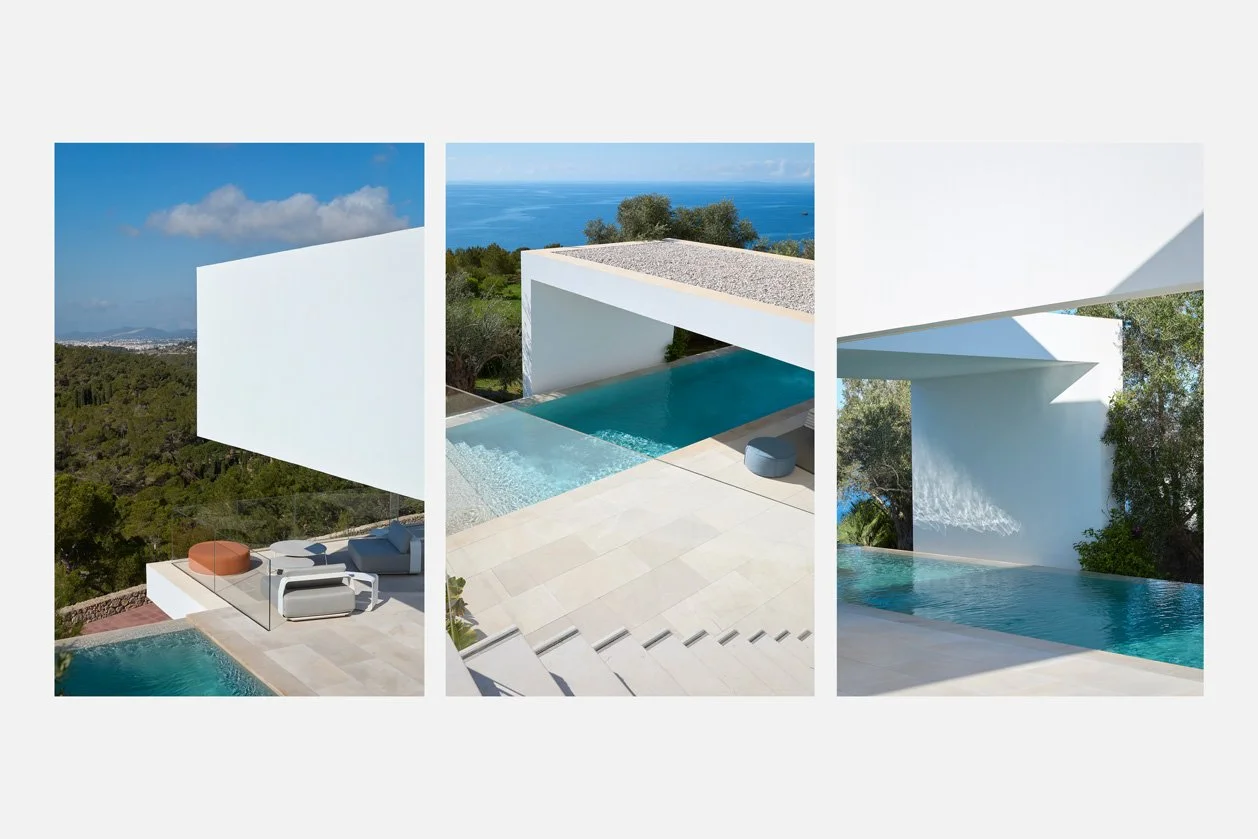 Tríptico de voladizos blancos y piscina vistos desde distintos ángulos