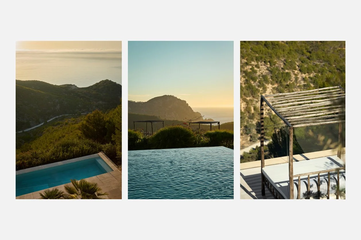 Tríptico de piscina, paisaje costero y pérgola de madera con luz cálida