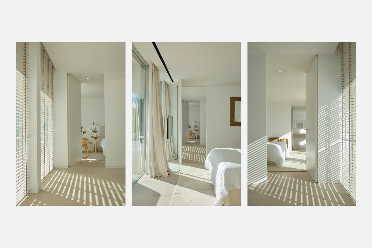 Tríptico de pasillos y dormitorios blancos con sombras de persianas
